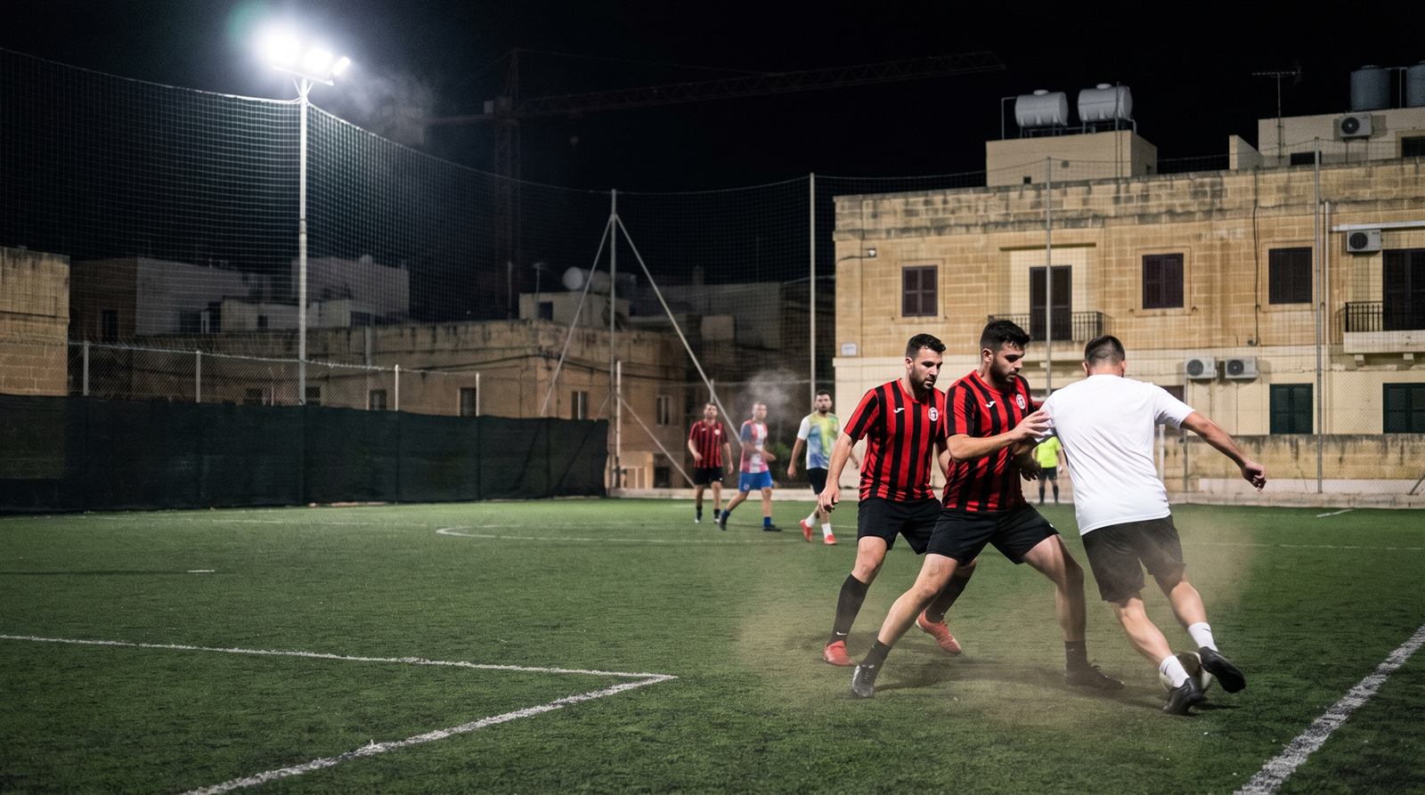 Players in red and black stripes pressing an opponent during a floodlit night match